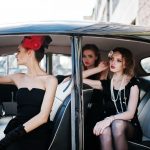 three-young-girl-retro-style-dress-seat-old-classic-vintage-car